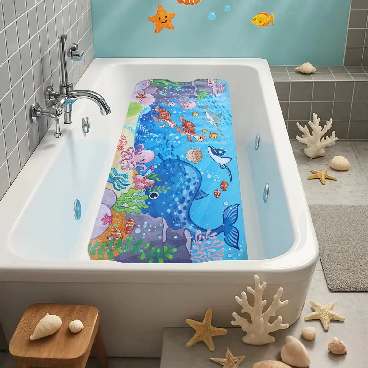 tapis baignoire enfant thème marin poissons coraux bulles ventouses salle bain sécurité antidérapant
