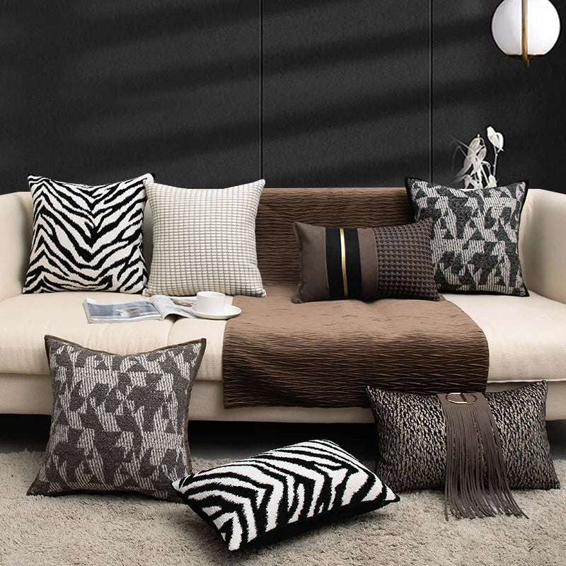 taies d'oreiller carrées rayées noires blanches modernes adhésives 45x45cm coton polyester