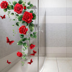 sticker mural floral roses feuilles papillons rouge vert blanc adhésif décoration intérieure chambre salon