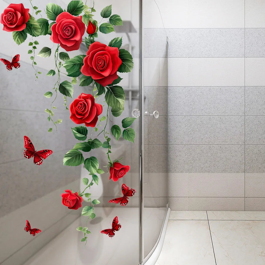 sticker mural floral roses feuilles papillons rouge vert blanc adhésif décoration intérieure chambre salon
