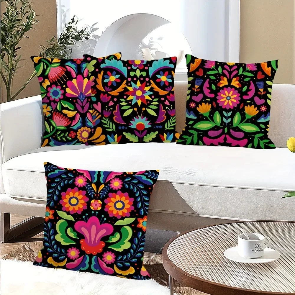 taies d'oreiller imprimées fleurs colorées moderne polyester noir 45x45cm 60x60cm decoration salon