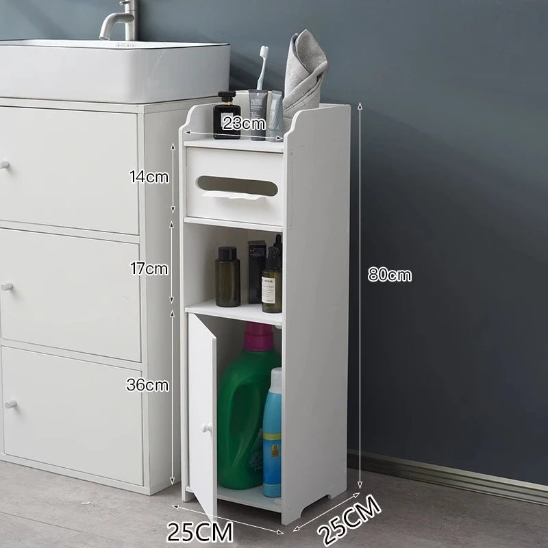 meuble rangement salle bain blanc moderne tiroir déchets étagères étroites