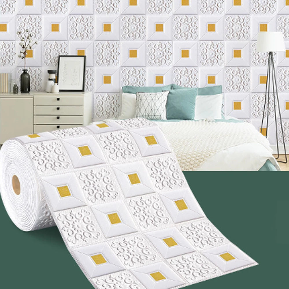 panneau décoratif mural adhésif blanc motif géométrique carrés dorés moderne élégant salon chambre