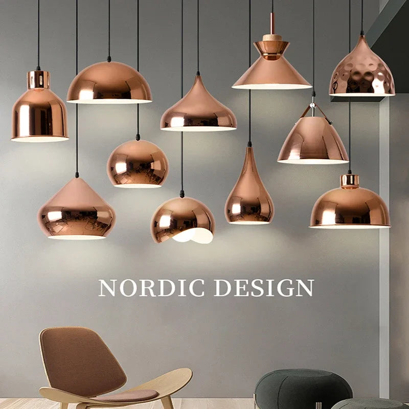 suspension lumineuse moderne rose doré brillante métallique câble noir éclairage scandinave e27
