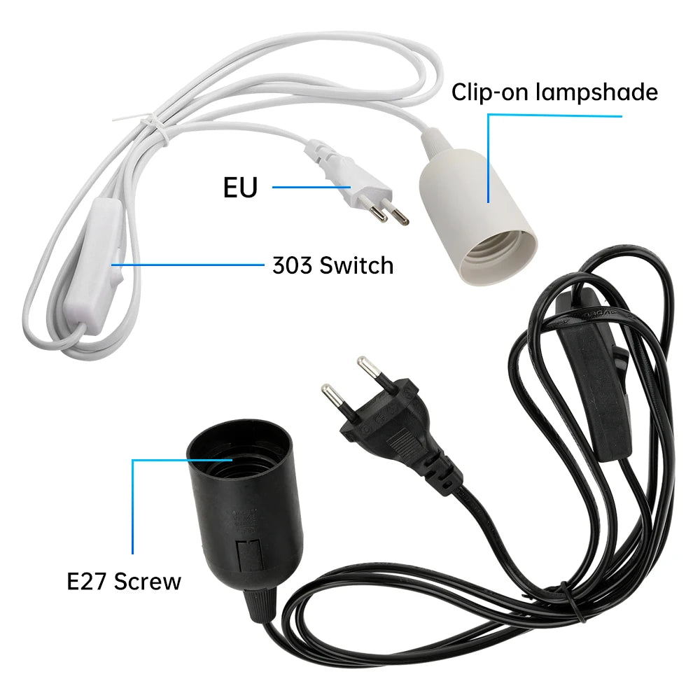 support lampe e27 douille on off interrupteur prise eu câble électrique noir blanc industrial