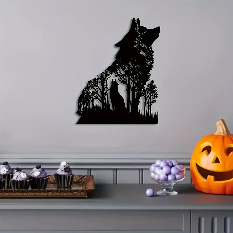 sculpture murale loup noir scène forestière artisanal moderne décoration intérieure chambre salon métal opacité