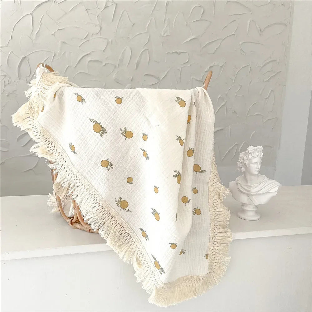 couverture bébé coton rayures pois étoiles lunes fleurs blanc beige rose gris franges anneaux