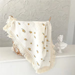 couverture bébé coton rayures pois étoiles lunes fleurs blanc beige rose gris franges anneaux
