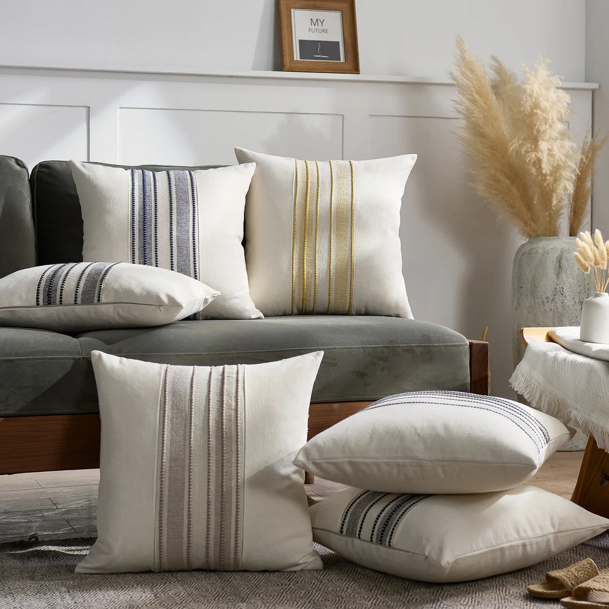 housse coussin coton lin rayé moderne beige gris yellow 30x50cm 45x45cm salon chambre deux