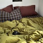 parure lit carreaux vert olive housse couette drap taies d'oreiller coton moderne