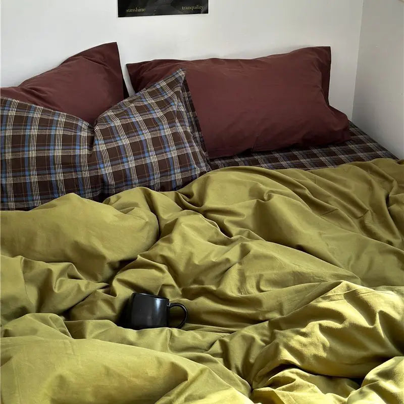 parure lit carreaux vert olive housse couette drap taies d'oreiller coton moderne