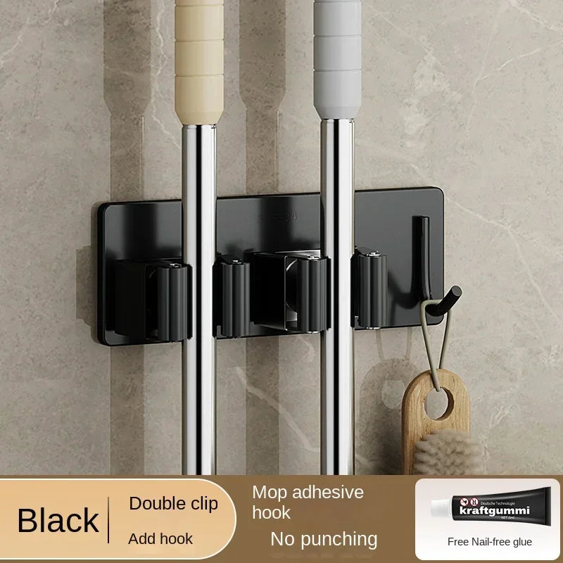 porte balai adhésif acier inoxydable gris métallisé noir moderne salle bain rangement organisateur