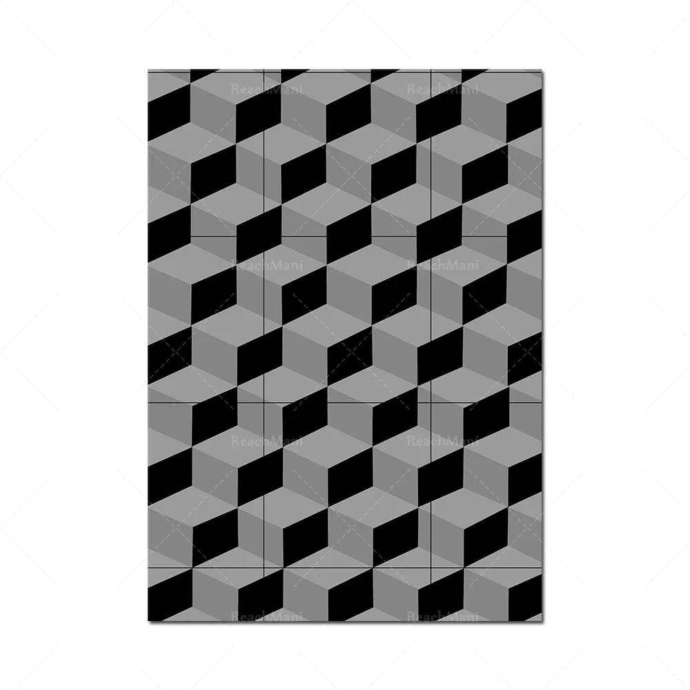 Motif géométrique en noir et gris composé de formes cubiques tridimensionnelles.