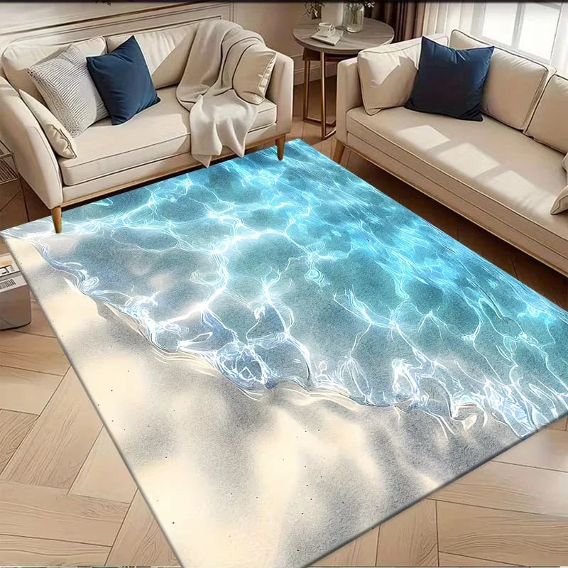 tapis moderne bleu blanc motif eau ondulée antidérapant extérieur salon machine lavable