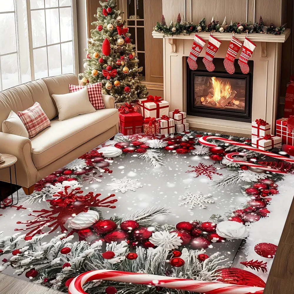 tapis noël rouge blanc gris boules flocons cannes branches salon chambre entrée festive décembre