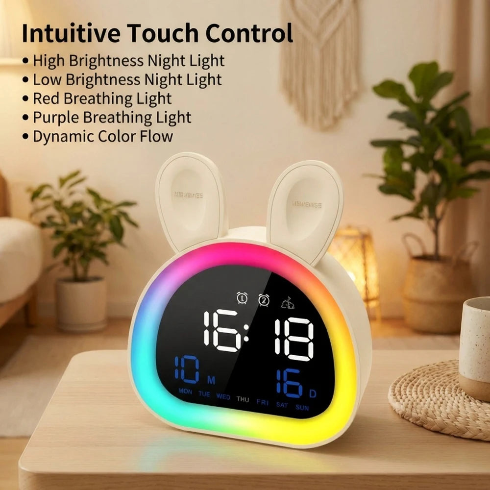 horloge table moderne blanc oreilles lapin lumiere d'ambiance port usb calendrier led lcd numériques