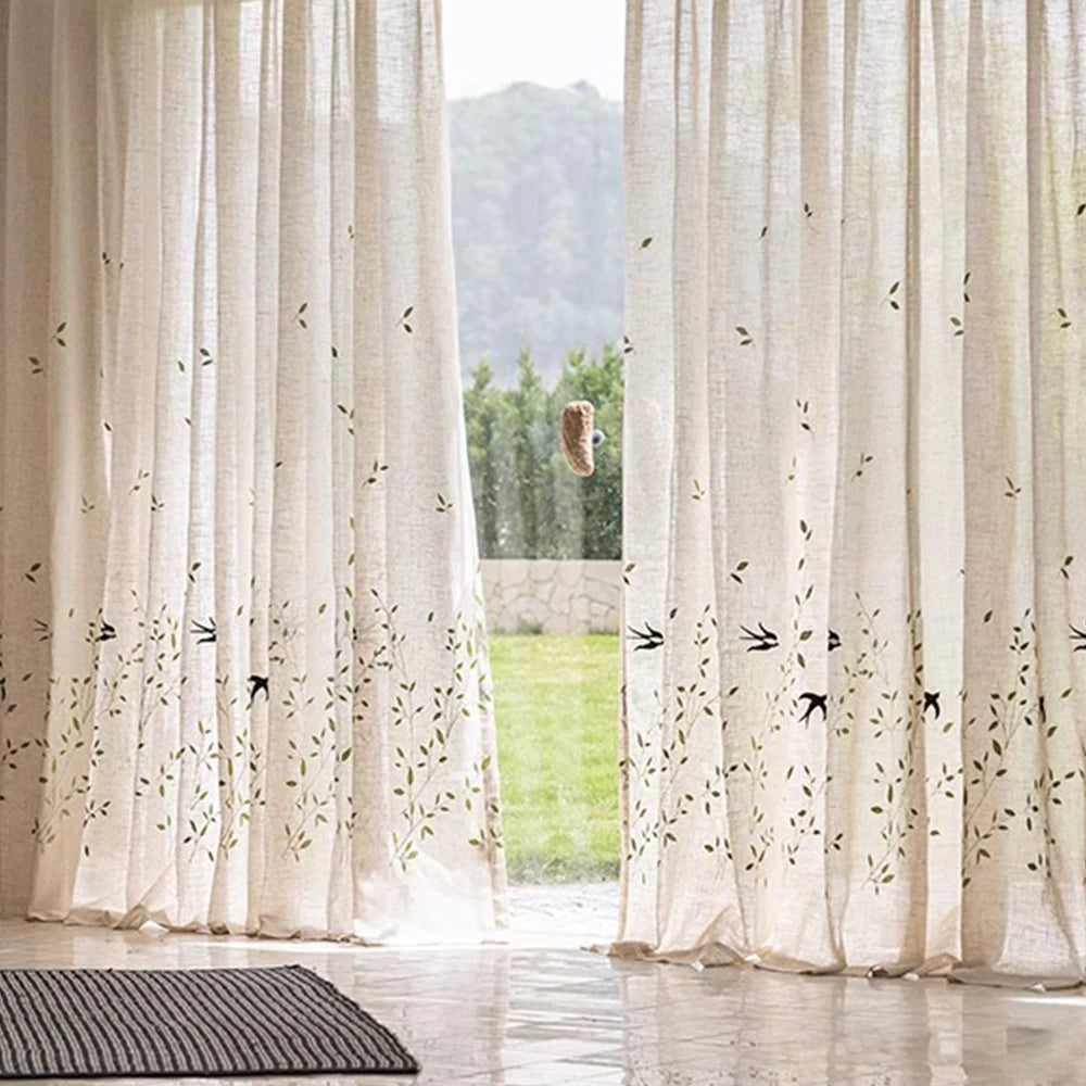rideau moderne semi transparent oiseaux noirs feuilles vertes tissu lin beige clair vert foncé