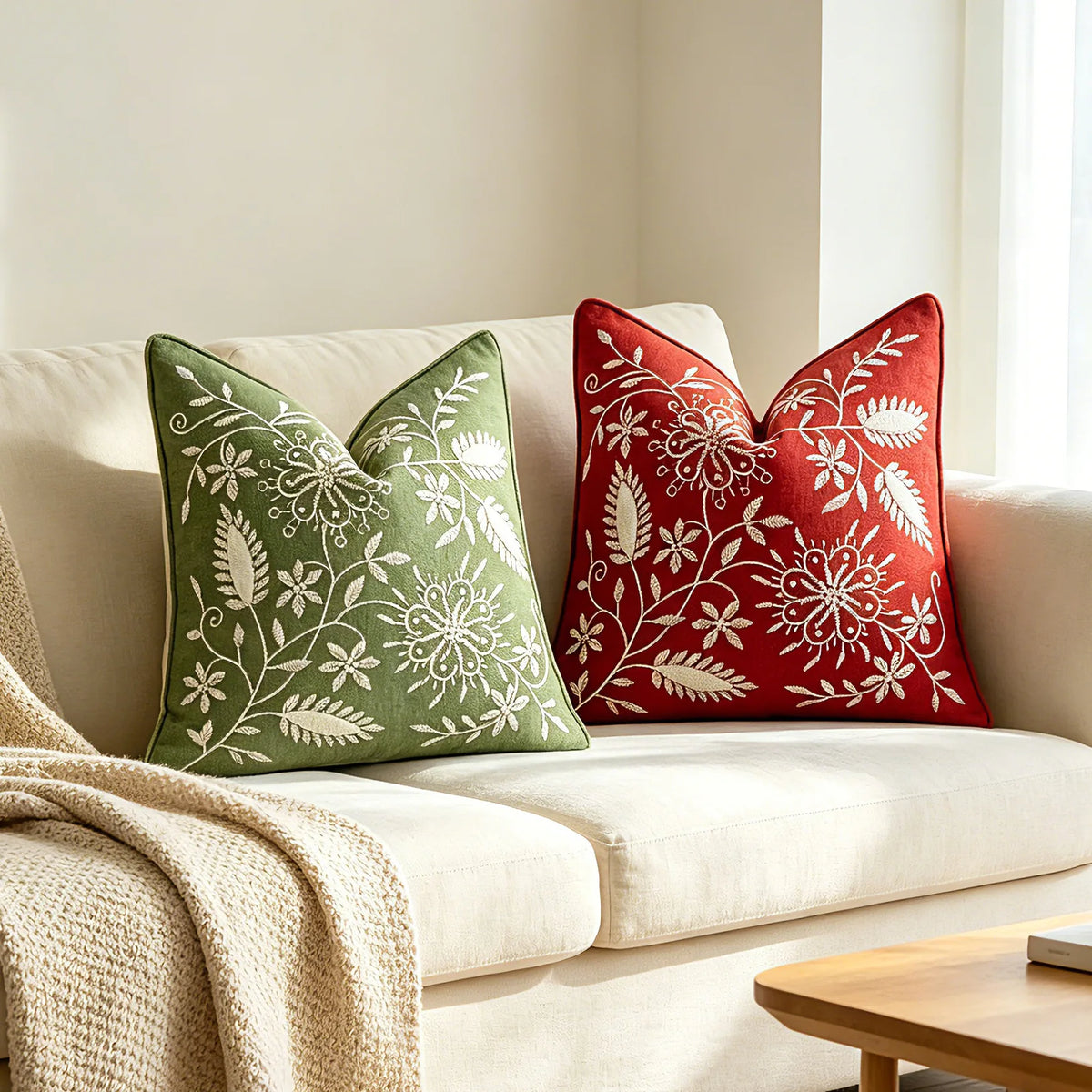 housse coussin carré brodé tissu chenille motif floral vert rouge décor maison lit sofa