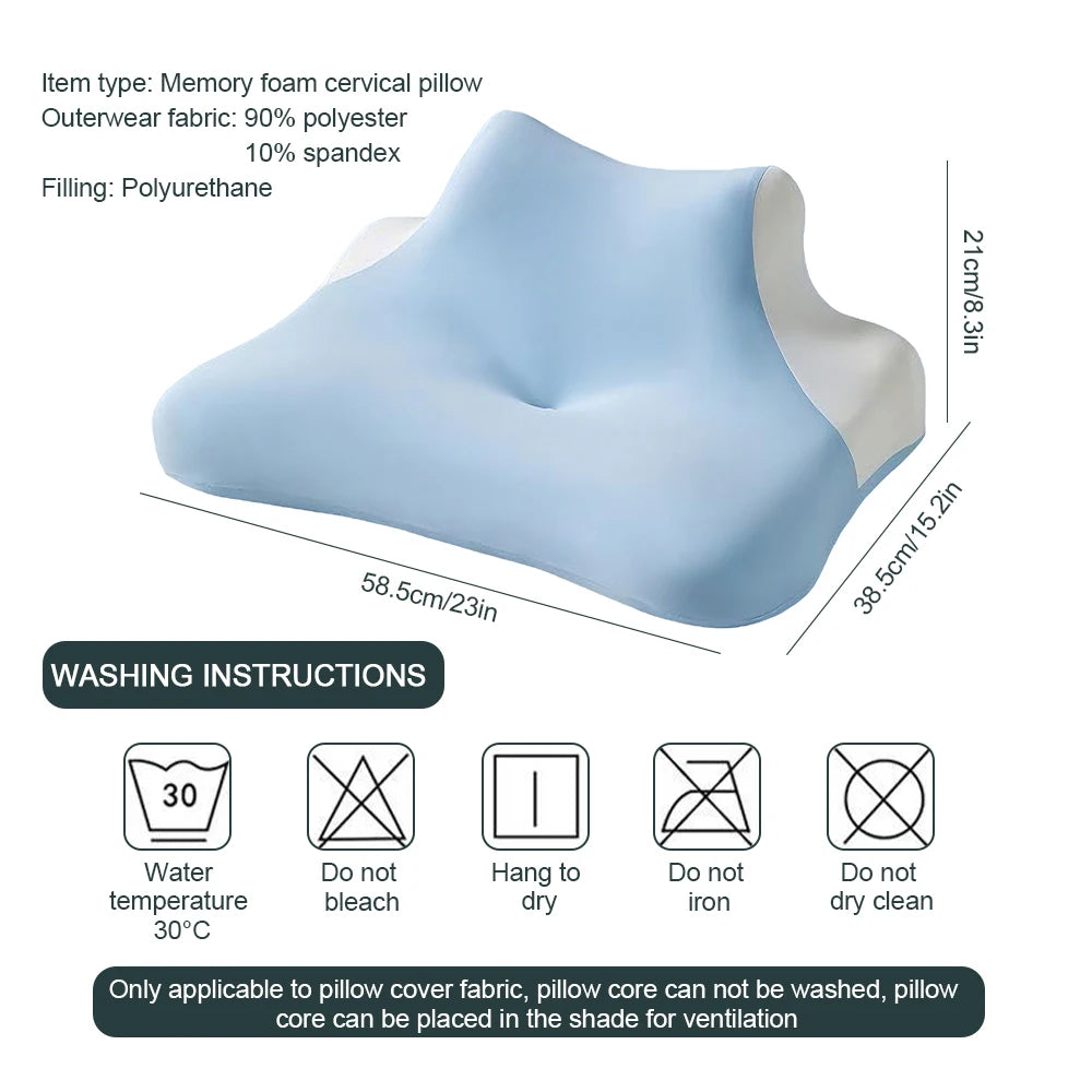 coussin cervical mousse mémoire forme bleu clair texture ergonomique alignement colonne vertébrale relaxation sommeil