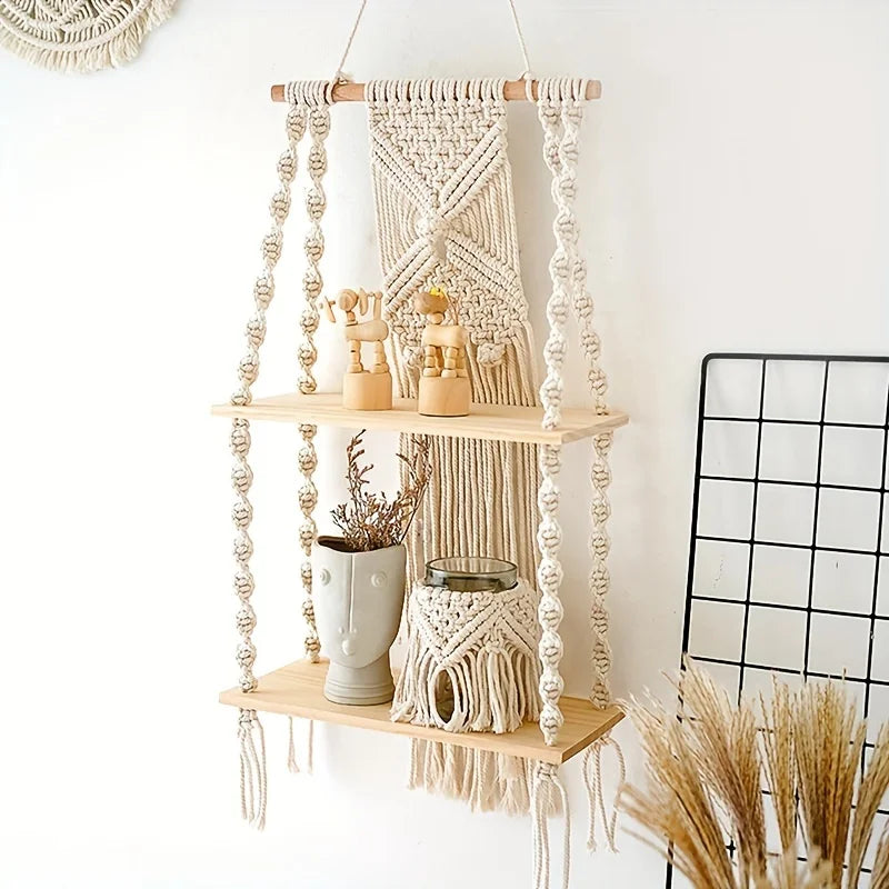 étagère murale macramé boho deux niveaux bois beige clair noeuds réguliers artisanal plante séchée