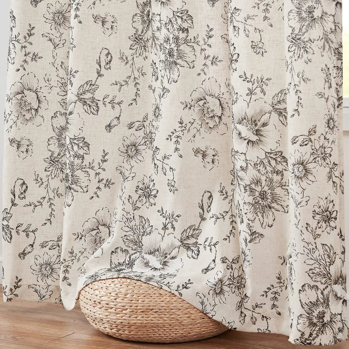rideau fleur lin beige clair noir rustique romantique fenetre chambre coucher