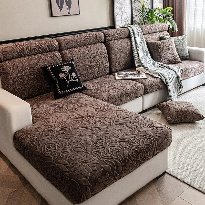 housse canapé extensible beige fleurs imprimées moderne salon tissu jacquard protection animaux