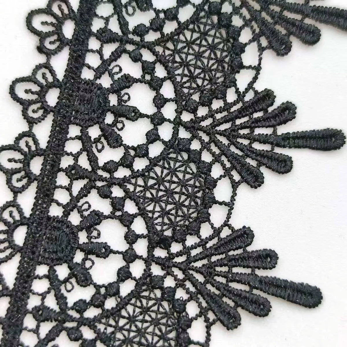 dentelle florale ornements géométriques noir broderie fine 65mm polyester mariage décoration tissu