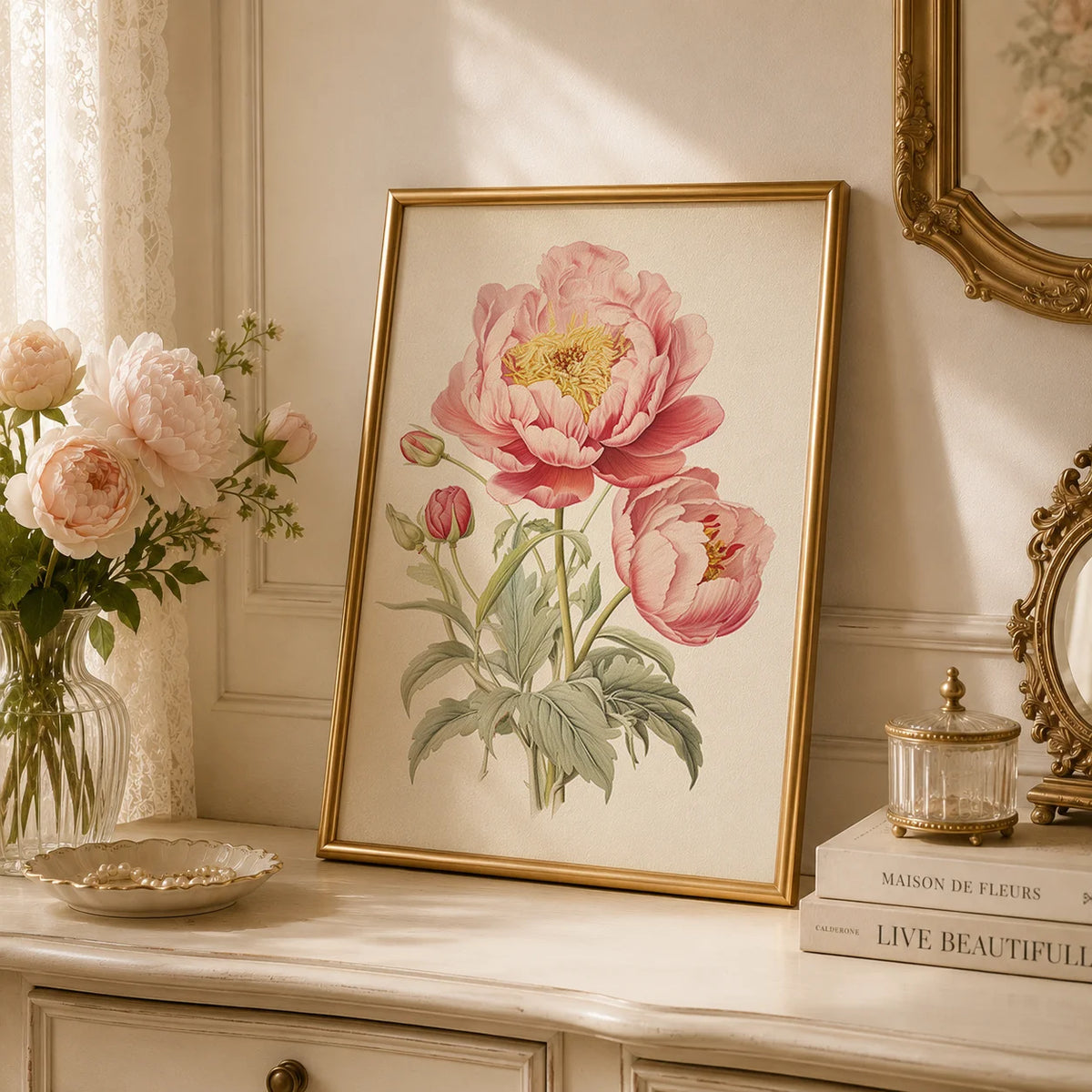 toile imprimée pivoine rose vintage décoration murale chambre salon illustration florale moderne