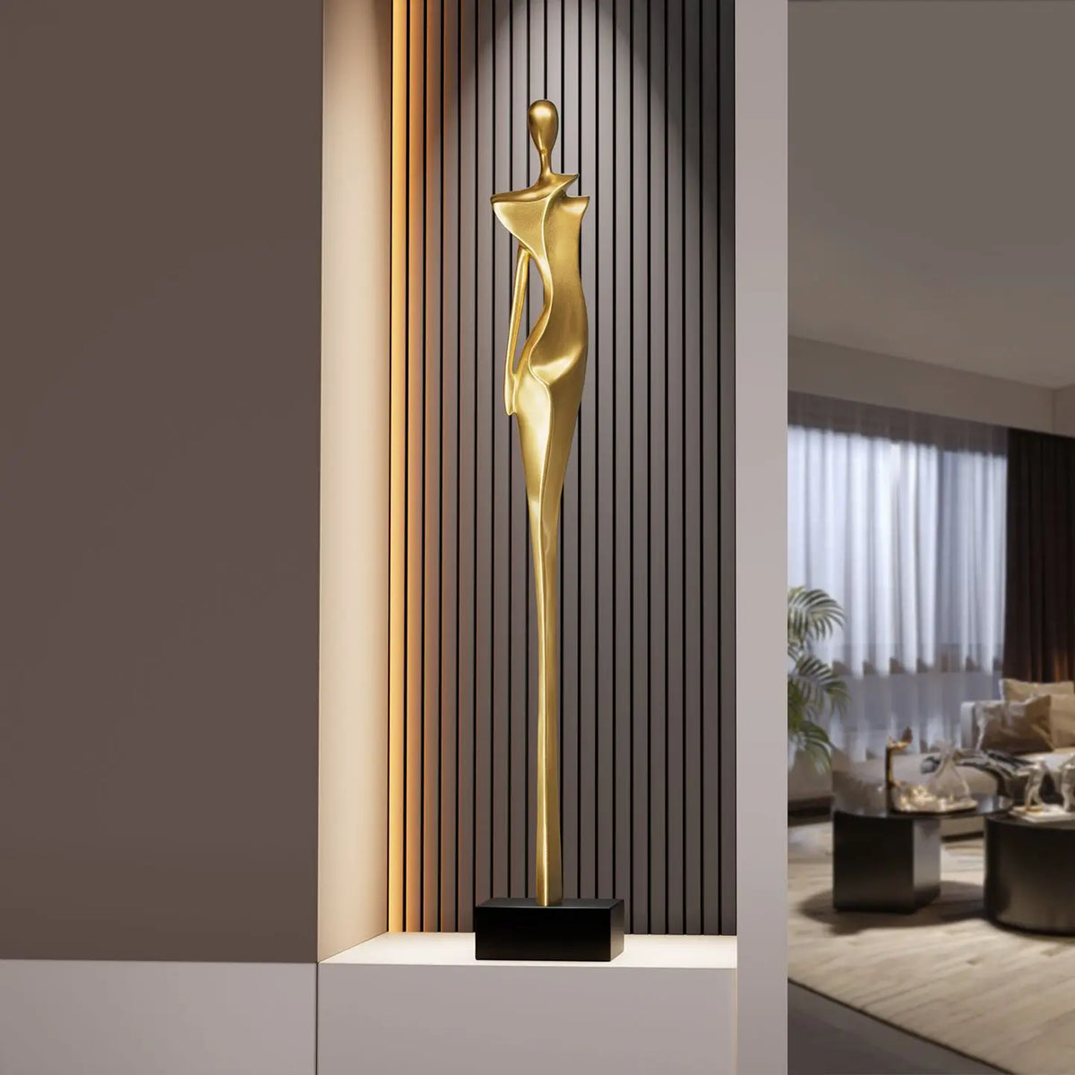sculpture abstraite ornement résine or argent contemporain minimaliste forme fluide asymétrique base plate salon
