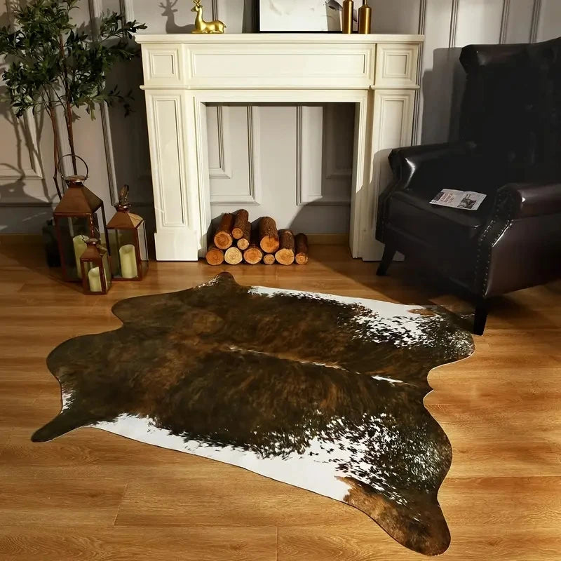 tapis marron blanc peau vache aspect naturel moderne rustique polyester jacquard rectangle salon chambre