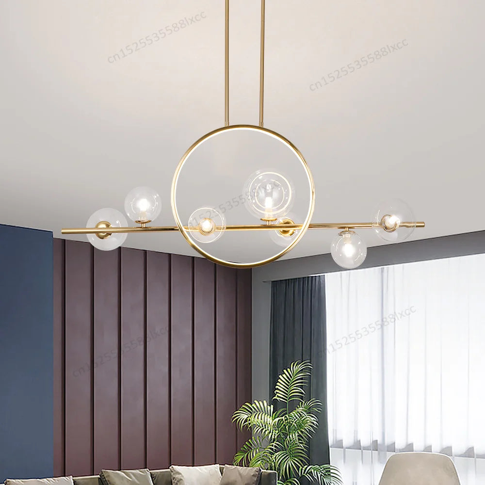 suspension lumineuse moderne or boules verre transparentes têtes G9 led chambre cuisine