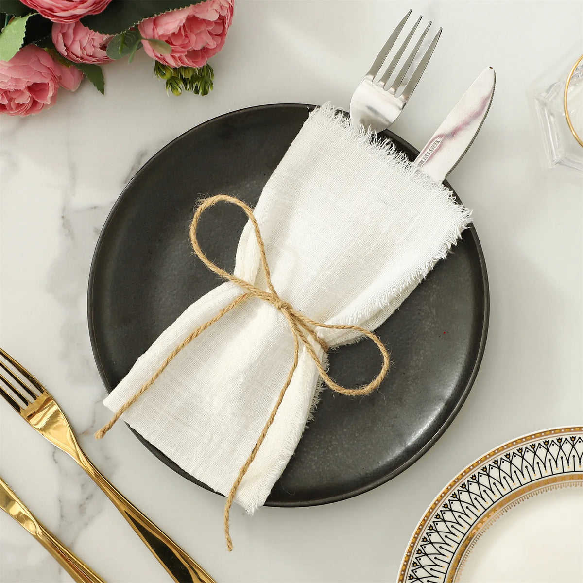 serviettes table coton rose pâle rustique franges ruban fleurs séchées