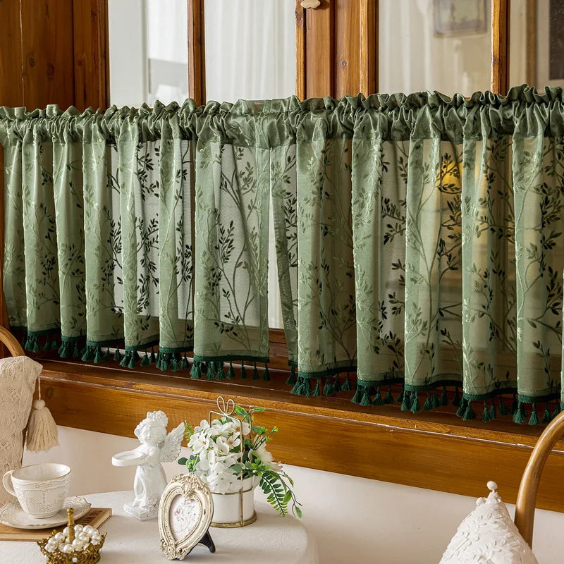 rideau vert clair motif feuilles classique romantique franges translucide chambre cuisine salon