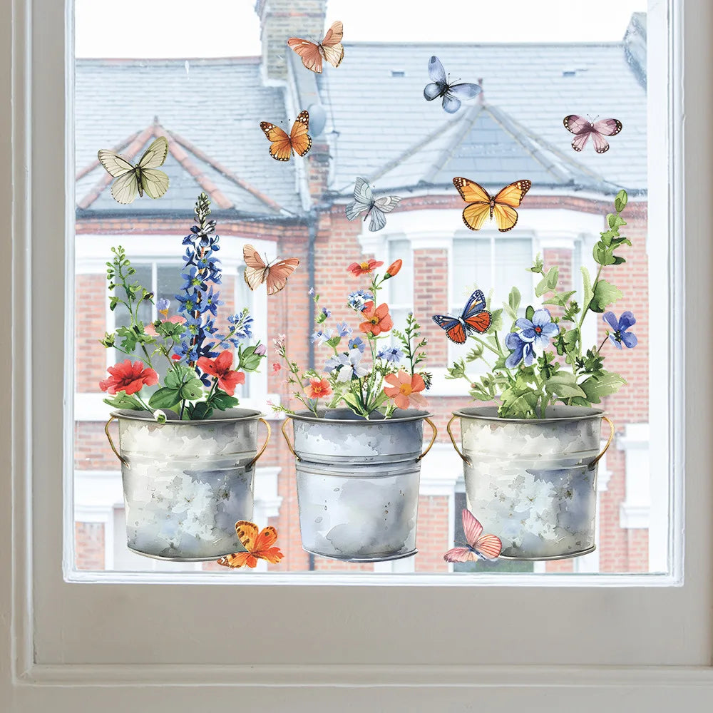 autocollant fenêtre multicolore fleurs pots métal vieilli papillons champêtre floral 38cm 30cm