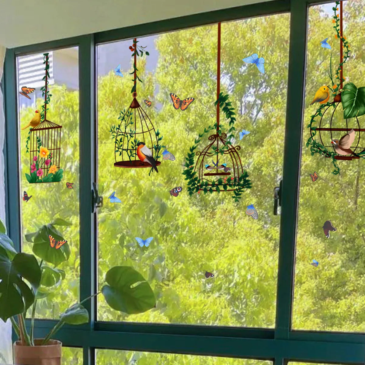stickers décoratifs fenêtres cages oiseaux fleurs papillons naturels transparents verte rouge bleue
