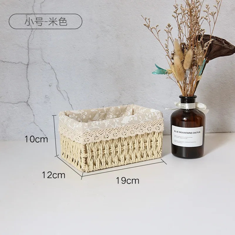 paniers rangement tissu dentelle beige rustique boho chic set trois tailles différentes