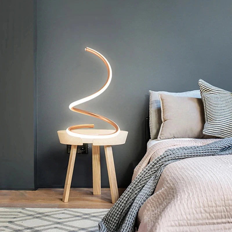 lumière table led moderne spirale cuivre blanc salon chambre adaptateur secteur tactile ajustement luminosité