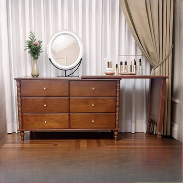 coiffeuse vintage commode tiroirs miroir rond bois naturel finition brillante classique marron clair