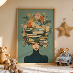 affiche murale illustration fleurs livres visage féminin vert beige blanc noir salon chambre