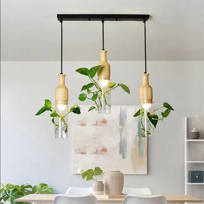Suspension lumineuse en bois et verre pour plante, vue d'ensemble