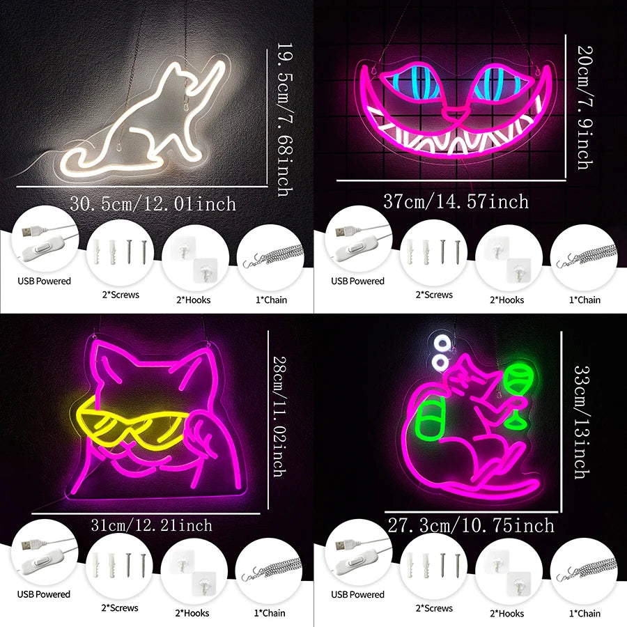 néon chat moderne blanc rose jaune vert bleu fixations chambre animaux fête anniversaire