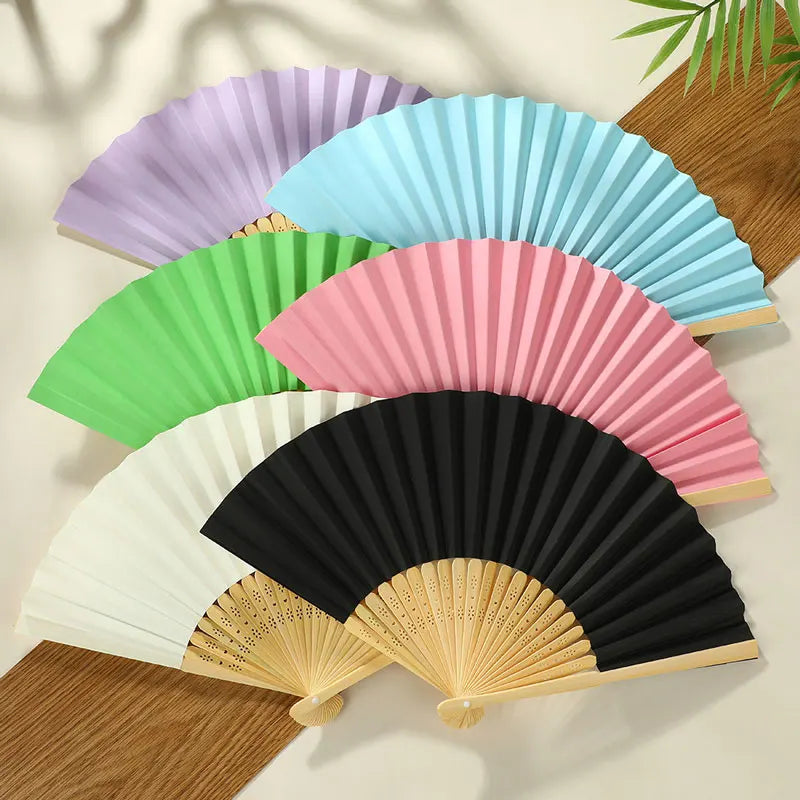 éventail pliant bambou rouge bleu vert violet orange jaune classique poignée bois papier uni