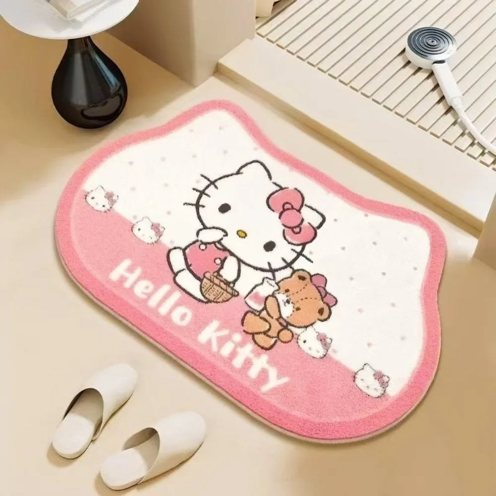 tapis salle bain hello kitty flocage antidérapant absorbant rapide rose blanc marron motifs