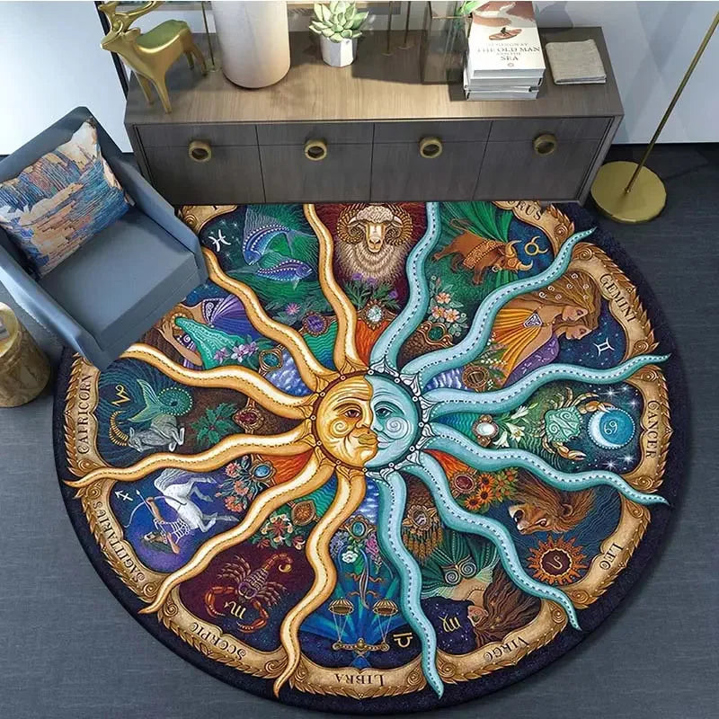 tapis rond polyestère soleil lune étoiles motifs abstraits moderne vibrant 40x40cm 80x80cm 120x120cm