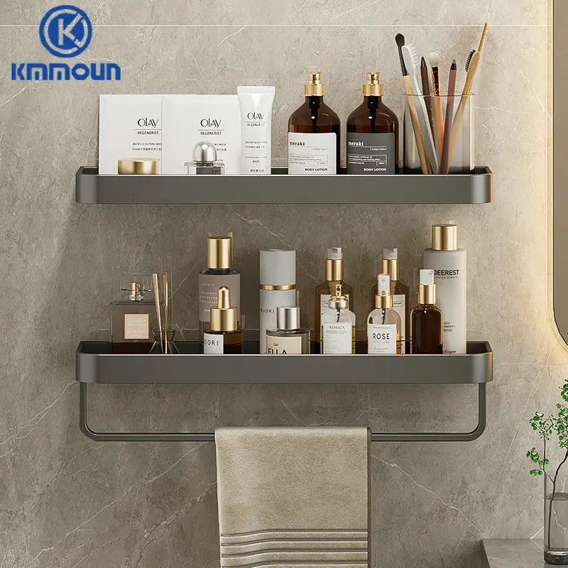 étagère murale moderne étagère salle bain aluminium gris laquée fixations adhésives serviettes cosmétiques minimaliste