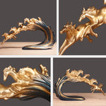 décoration moderne sculpture chevaux vague or bronze bleu foncé details texturés artistique
