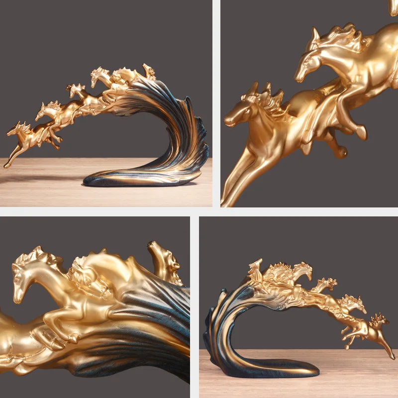 décoration moderne sculpture chevaux vague or bronze bleu foncé details texturés artistique