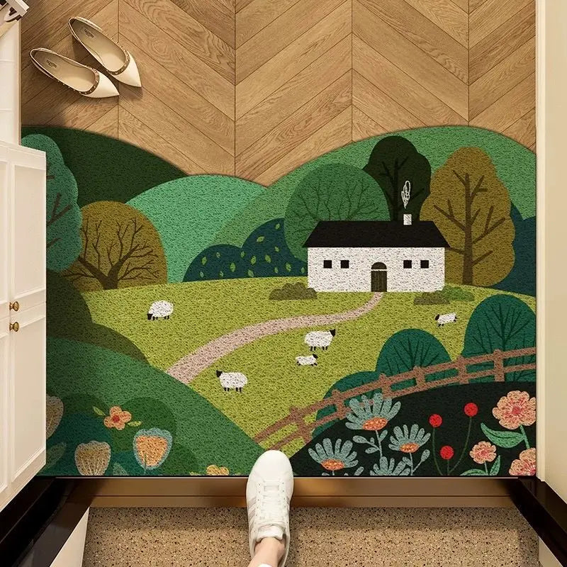 tapis entrée forest animaux paysage vert blanc fleurs naturelle illustration