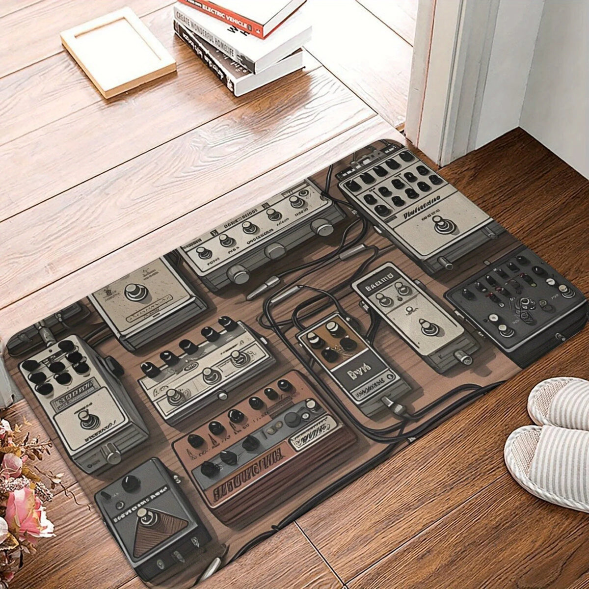 tapis gris marron noir blanc motif pédales guitare vintage antidérapant polyester mousse pe moderne