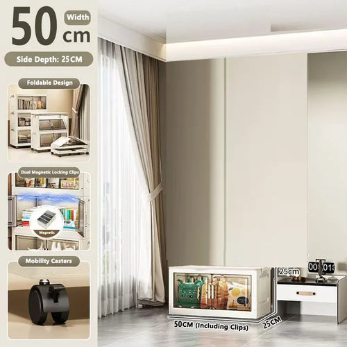 meuble rangement modulable blanc roulettes portes transparentes rayures verticales modernes